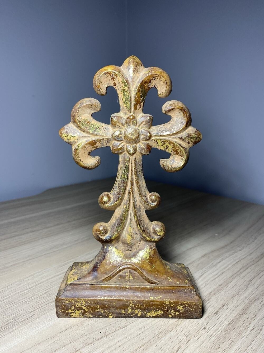 Ornate Cross Antiqued Gold Chalkware Ornamental Wall Hanging Vintage Castlecore